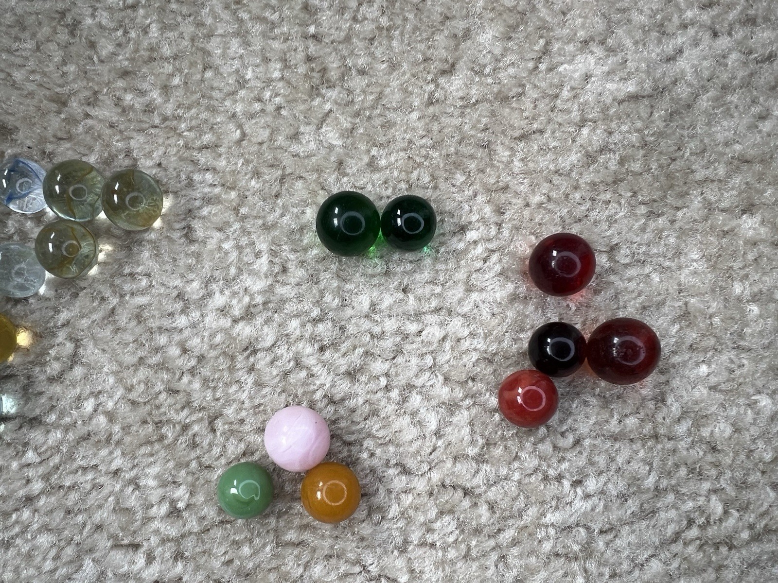 Lot Of 56 Marbles, Solid Yellow, Blue, Clear, Trans-green, Red, Pink, Orange