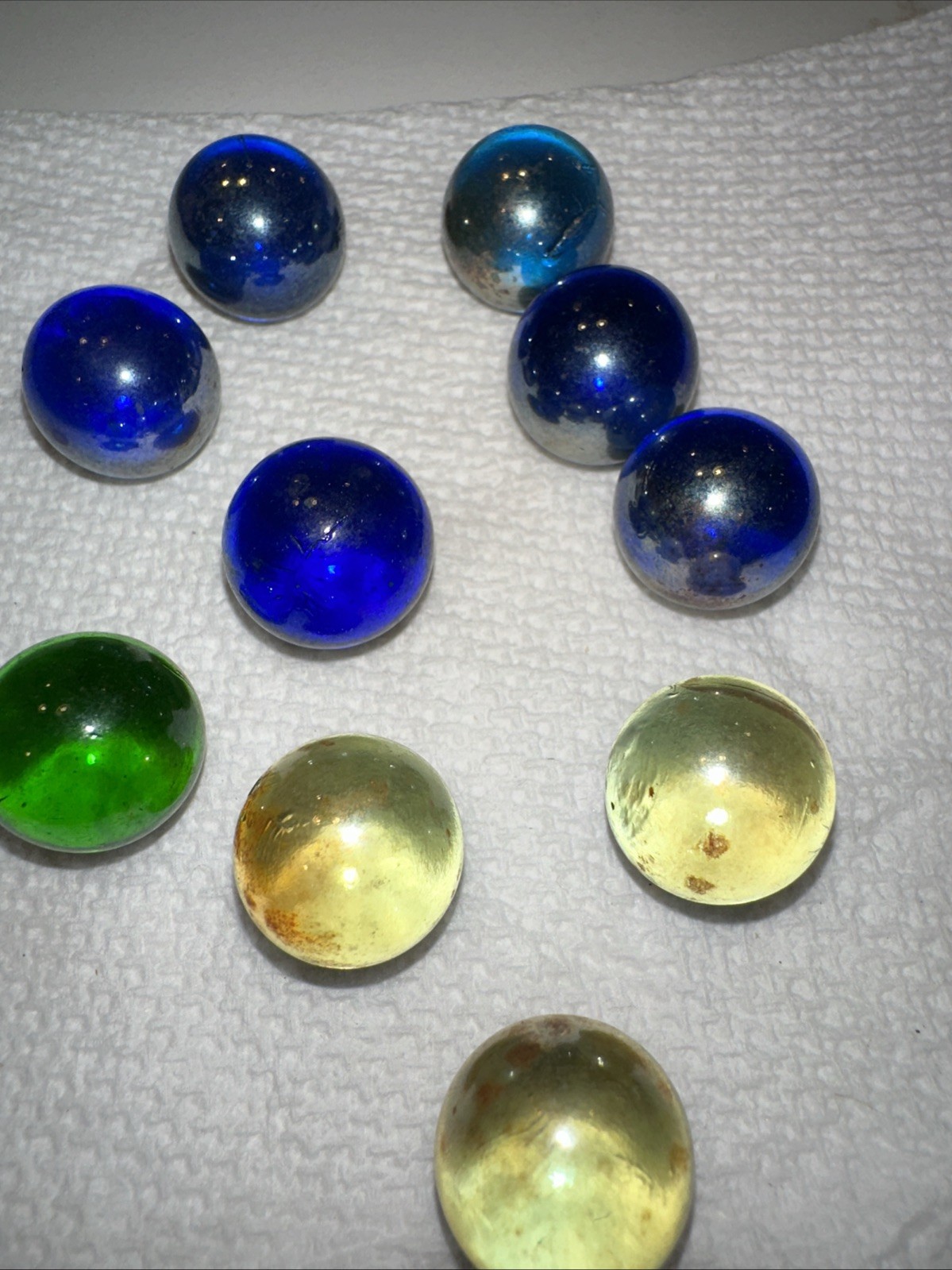 VINTAGE GLASS MARBLES IRIDESCENT BLUE GREEN YELLOW Lot Of 10