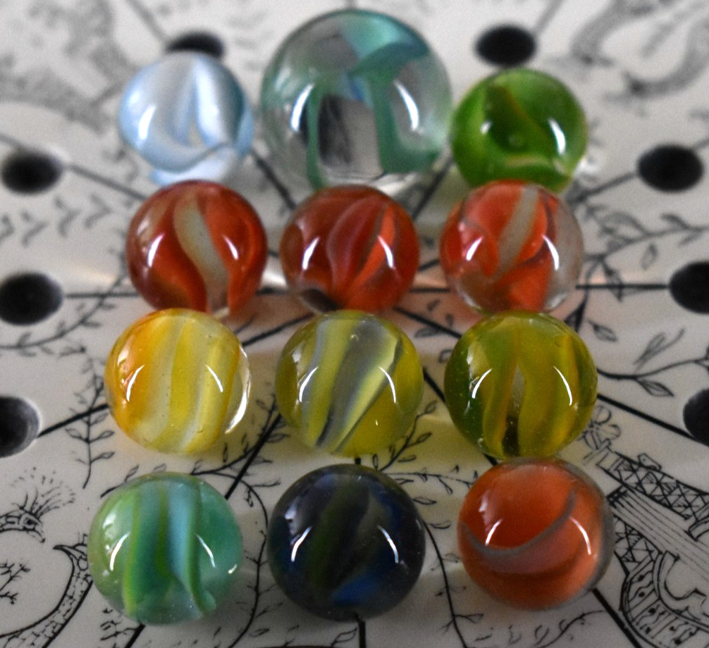 Vintage Vitro Agate 4 Vein Hybrid Cats Eye Marbles x11 Multi Color + Shooter .87