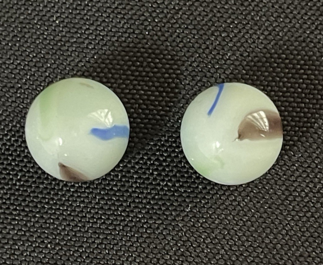 2 Vintage .63” Akro Agate Peltier Art Swirl Glass Marbles White Blue Brown Green