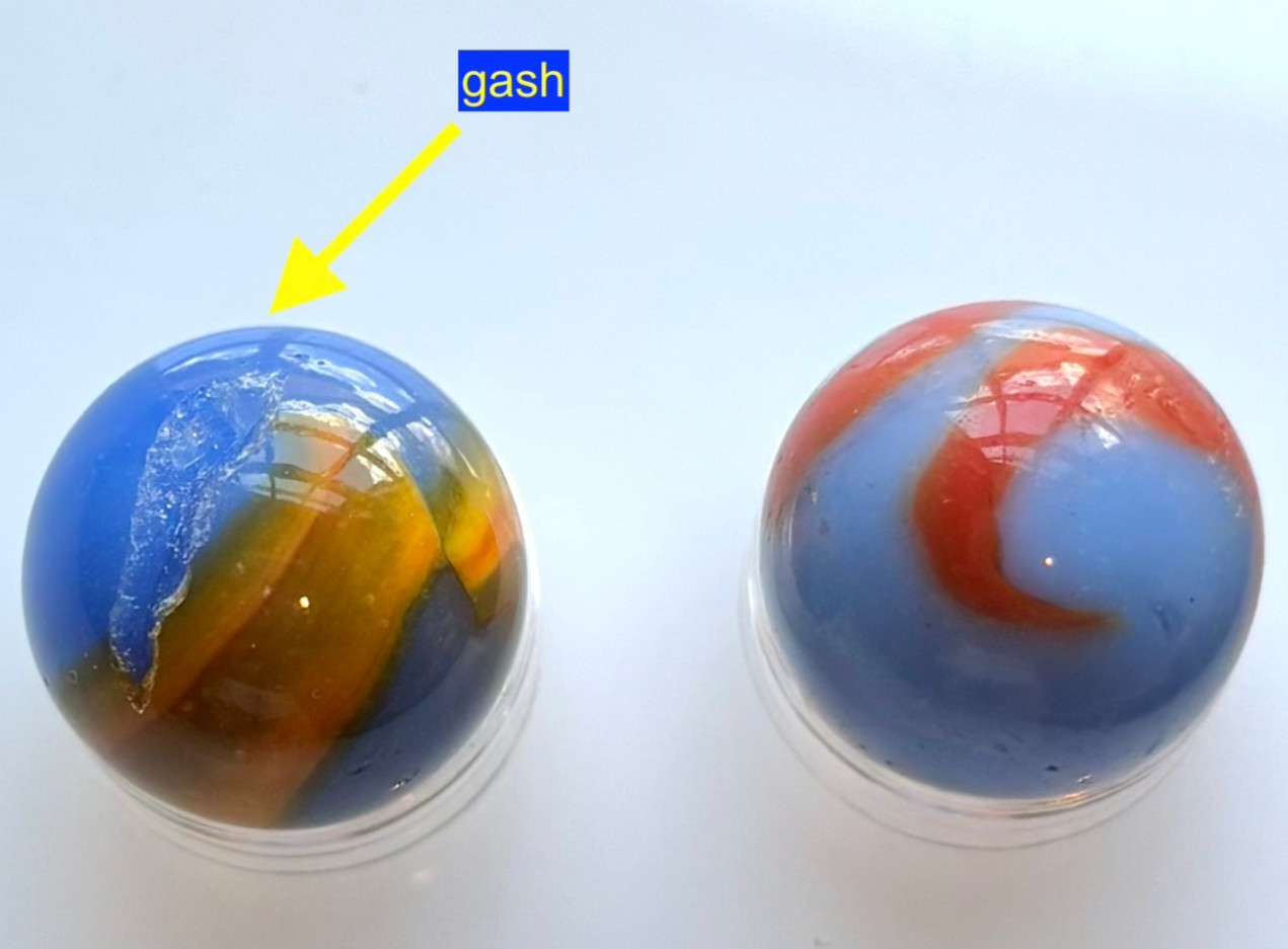 2 VTG Glass Marbles Blue Orange/Blue Gold Swirl Approx .63″ & .62″ Lot 14 AS IS