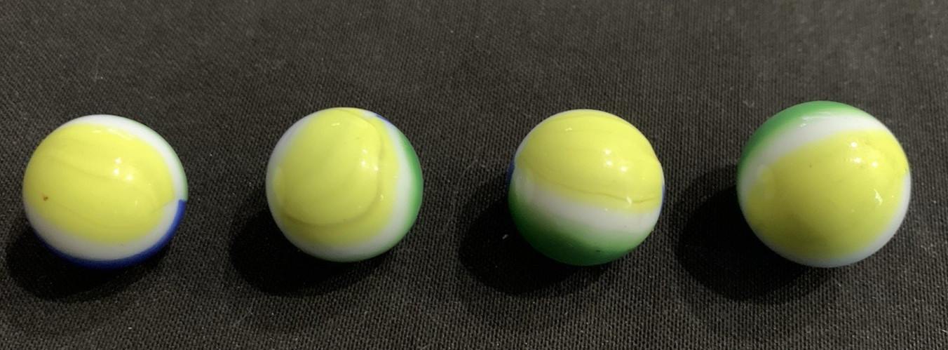 4 Vintage Marbles – Christensen, Peltier, Agate? Original Owner! .71 -.76 sizes