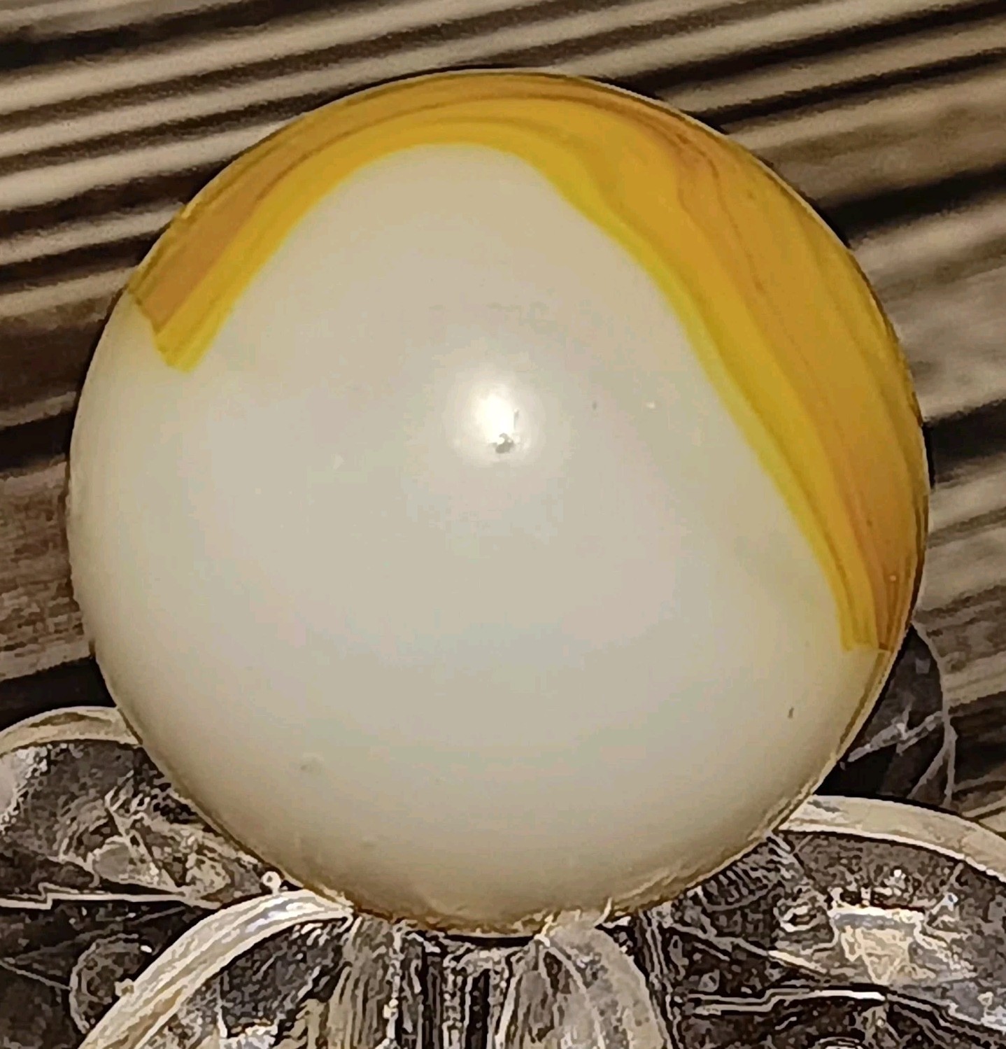 Peltier Glass Rainbo Marble. .63″ Nm(+) Nice Pattern. Yellow W/Brown Blends
