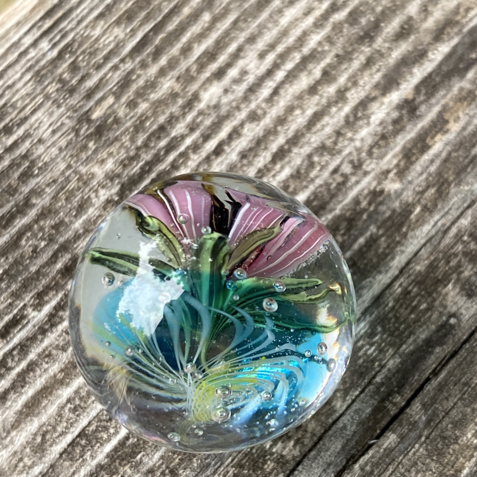 Pink Tiny Full Bloom Floral Murrini Handmade Glass Marble With Tiny Bee