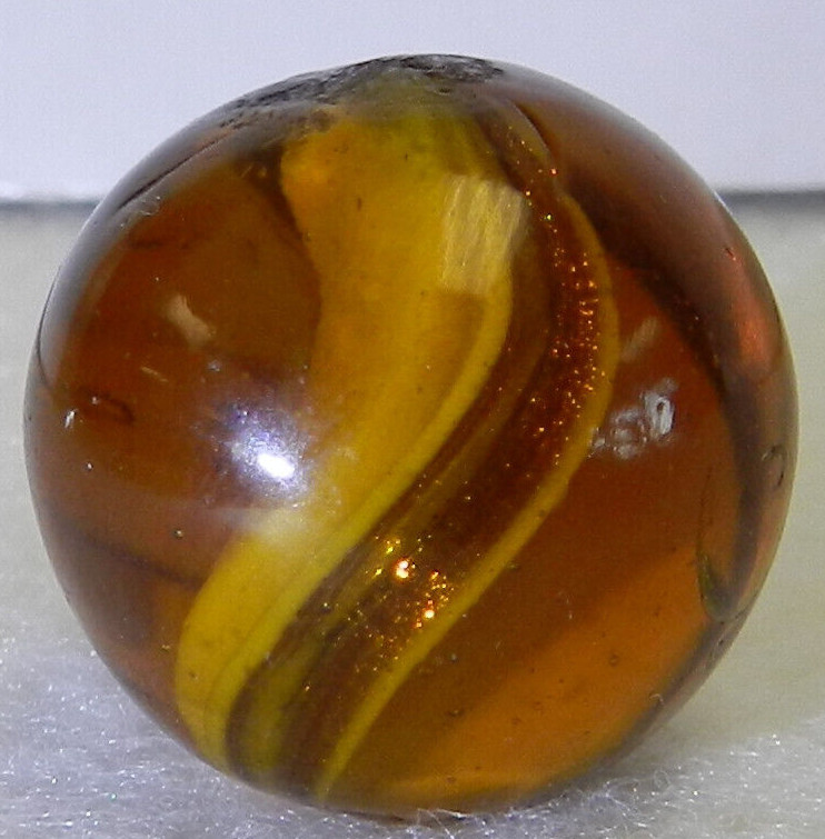 #18549m Large .77 Inches Vintage German Handmade Amber Glass Ribbon Lutz Marble