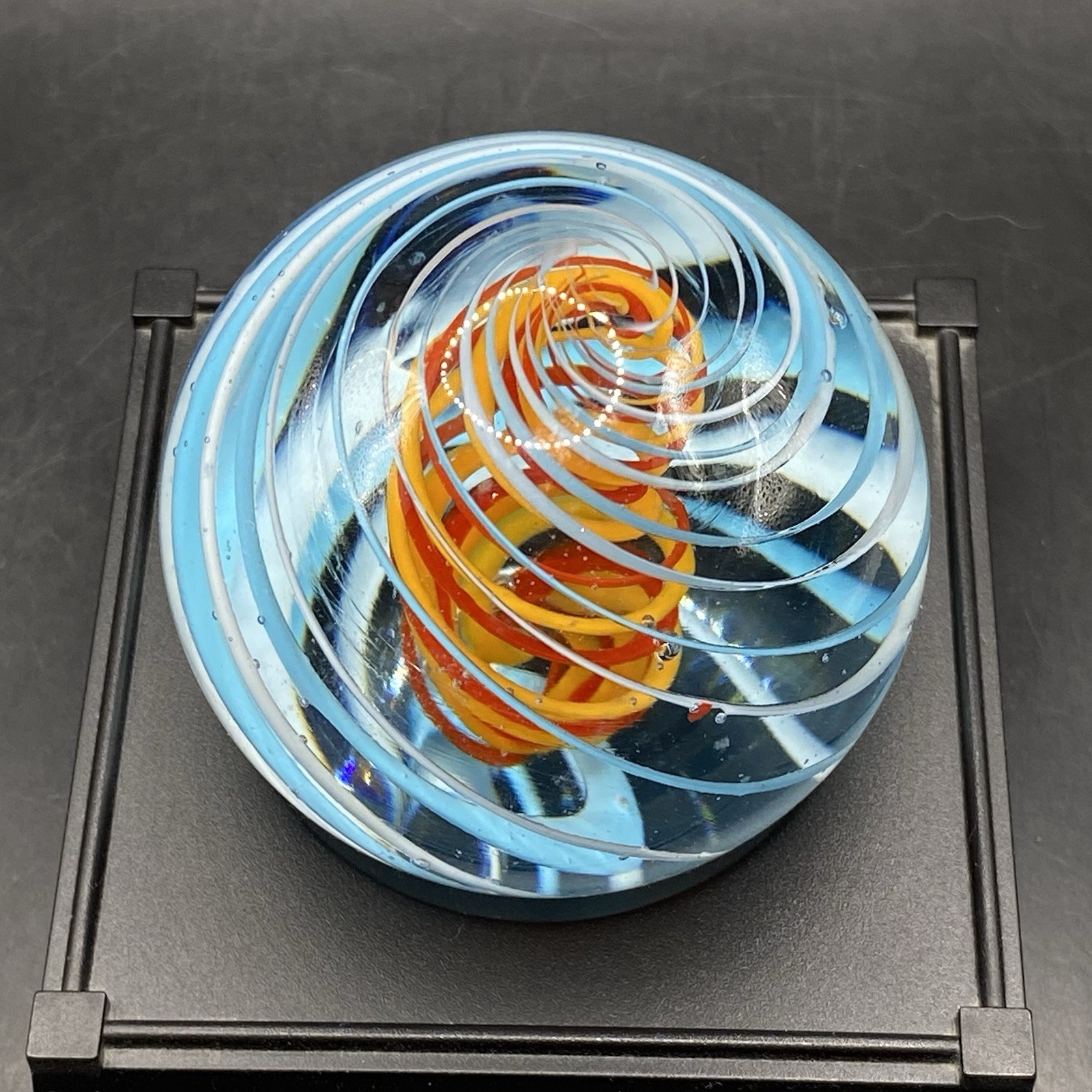 Contemporary Marble Large Handmade Art Glass Spiral Blue On Orange Vintage