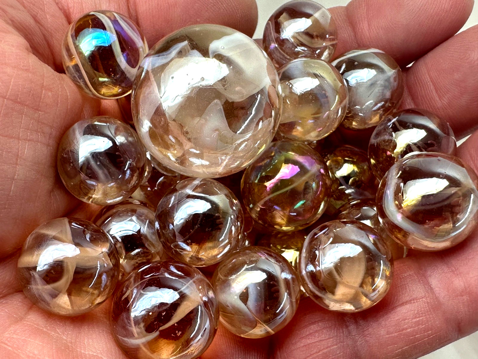25 Glass Marbles JELLYFISH Pink/White Soap Bubble game vtg style Shooter Swirl