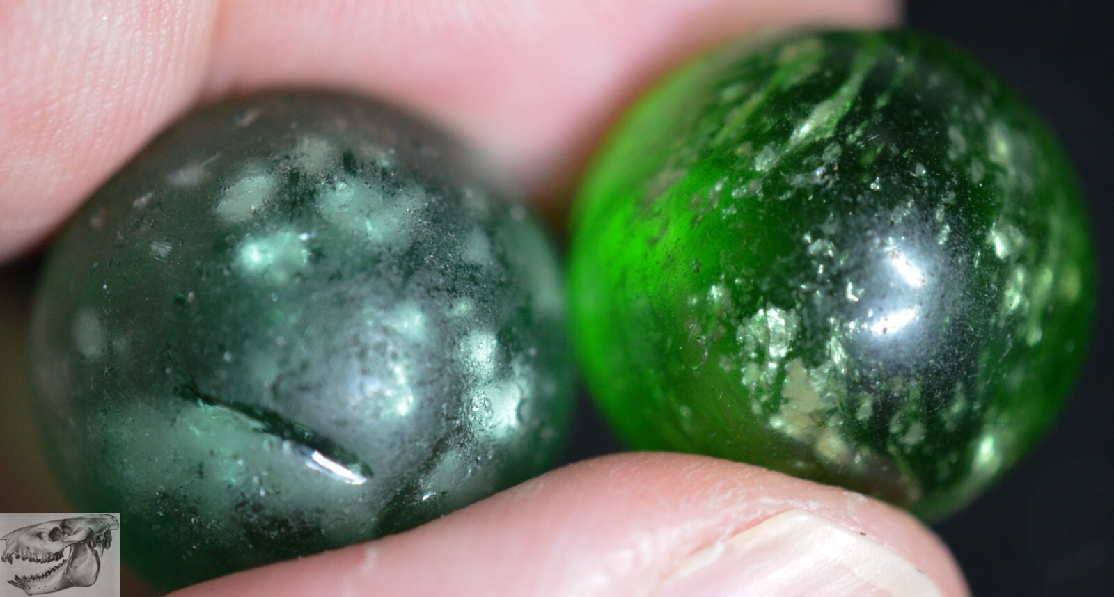 Four Handmade Green Mica Marble, 5/8 to 3/4 in, Good to Near Mint, Germany S903