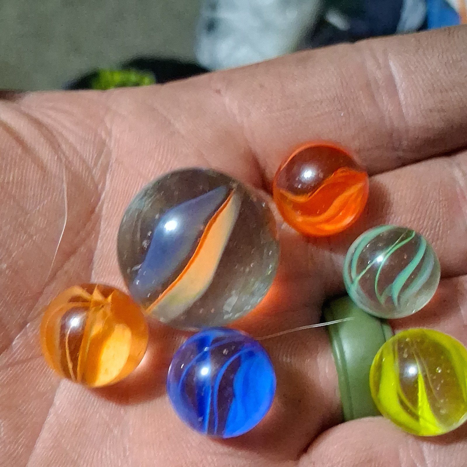 Glass Swirl Toy Marbles Lot of 6 Assorted Colors w/ Large Shooter Ages 8-17+