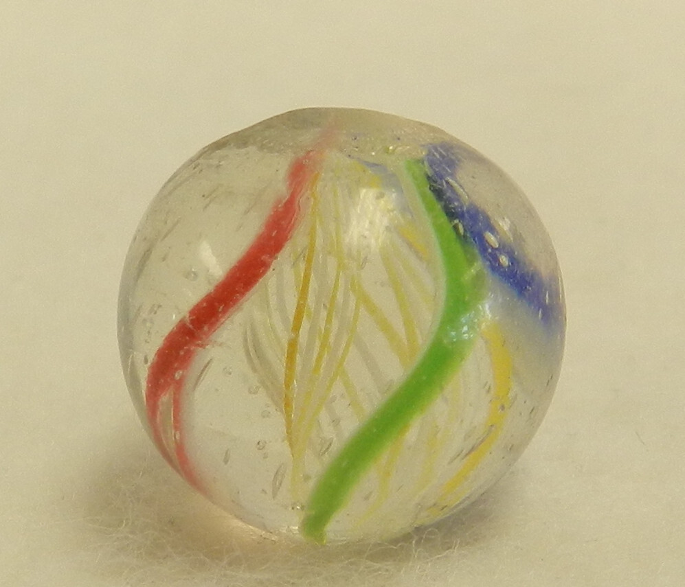 #18949m Vintage German Handmade 2 Color Latticino Swirl Marble .64 Inches NM+