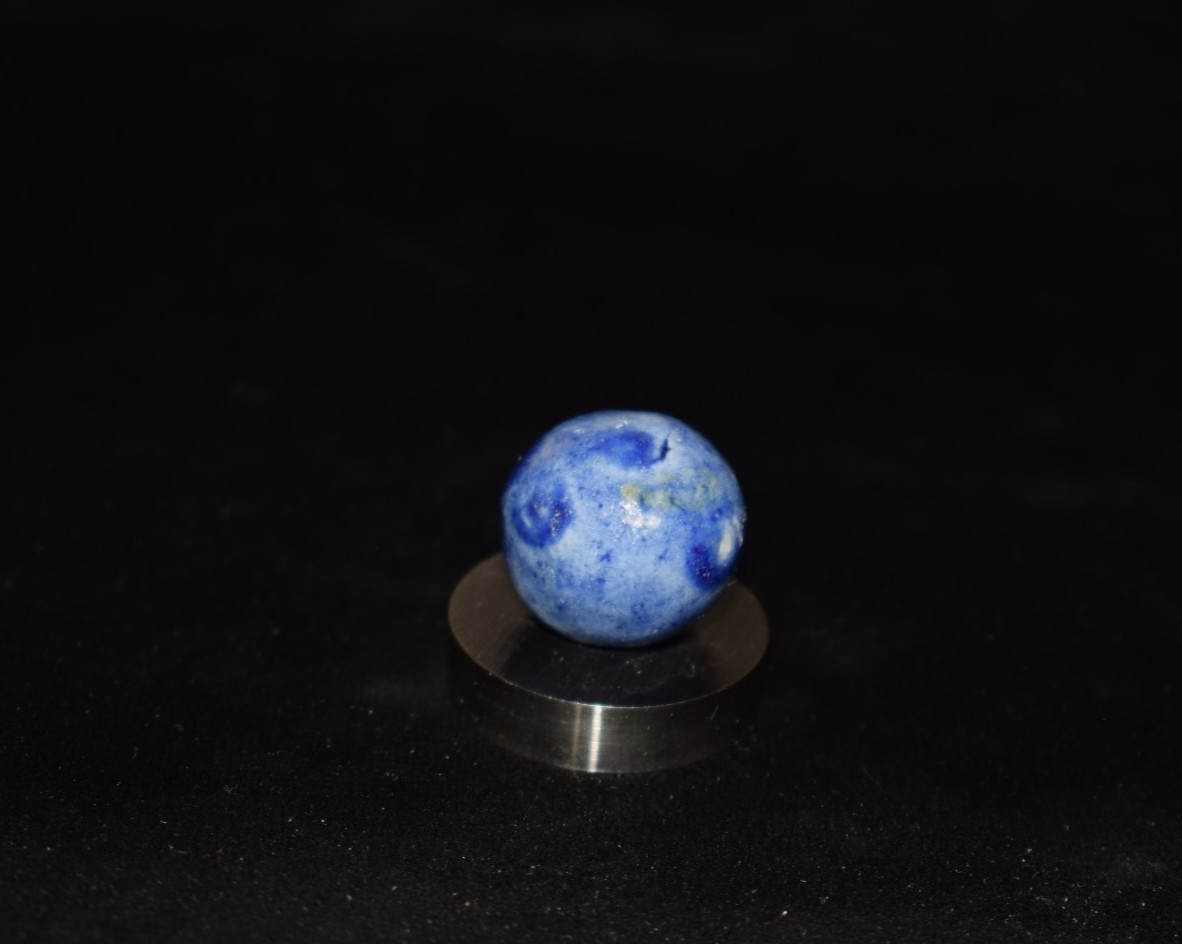 Antique German⬛🟥🟨 Bennington blue cobalt glazed clay marble shooter .750″ MINT