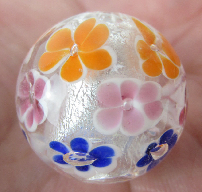 22mm MORNING DEW Pink Orange Flower Handmade Contemporary art glass Marble 7/8″