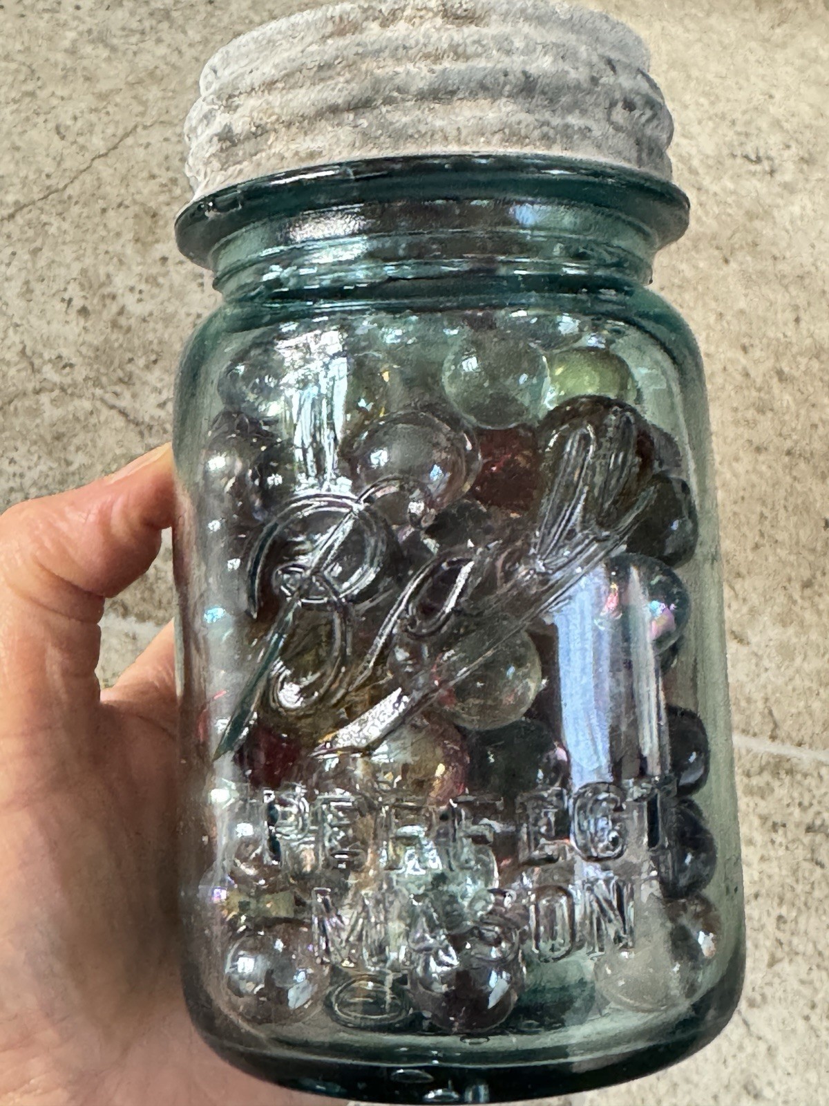 Vintage Ball Perfect Mason Jar Filled with 165+ Mixed Glass Marbles – Aqua Blue