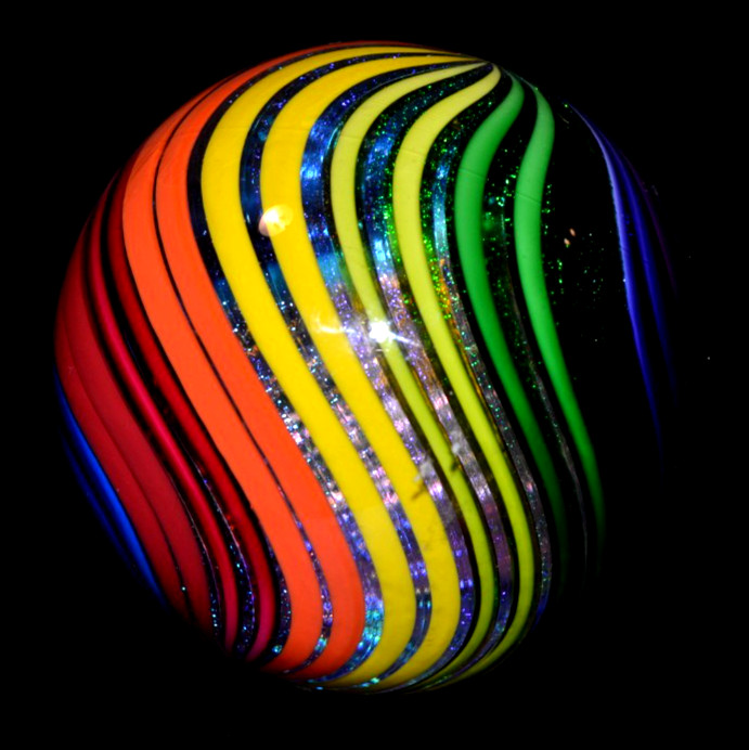 JAMES ALLOWAY GLASS MARBLE/2.849″-RAINBOW SWIRL # 195-STAND/WORLDWIDE FAST SHIP