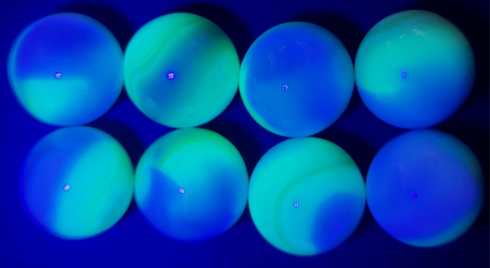 8 Vintage Vitro Agate Easter Eggs Blue Moon Tiger Eye Swirl Glow Marbles Trilite