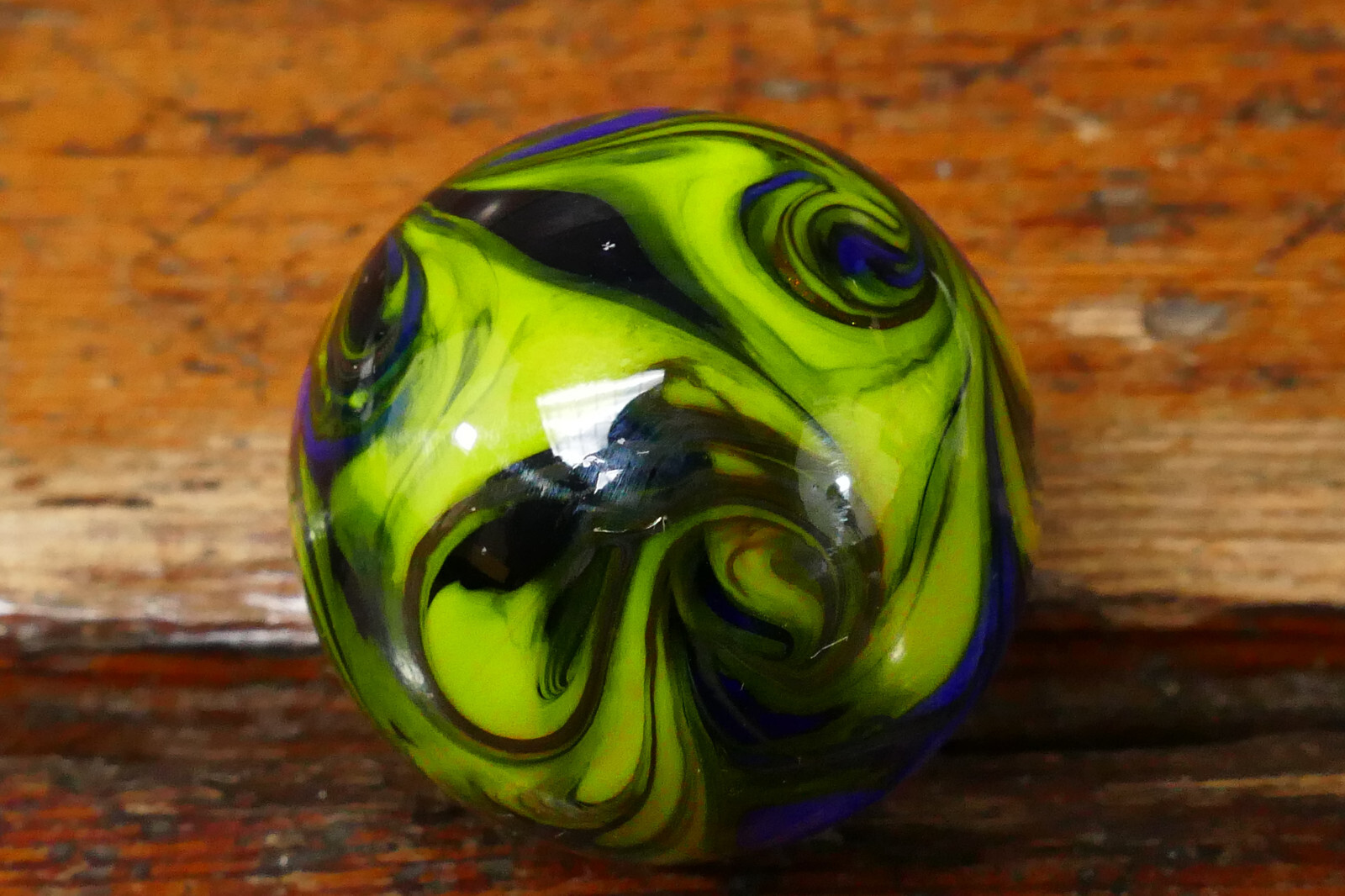 Vintage Hand Blown Art Glass Marble Blue Yellow & Green Swirl – 1 3/16” Diameter