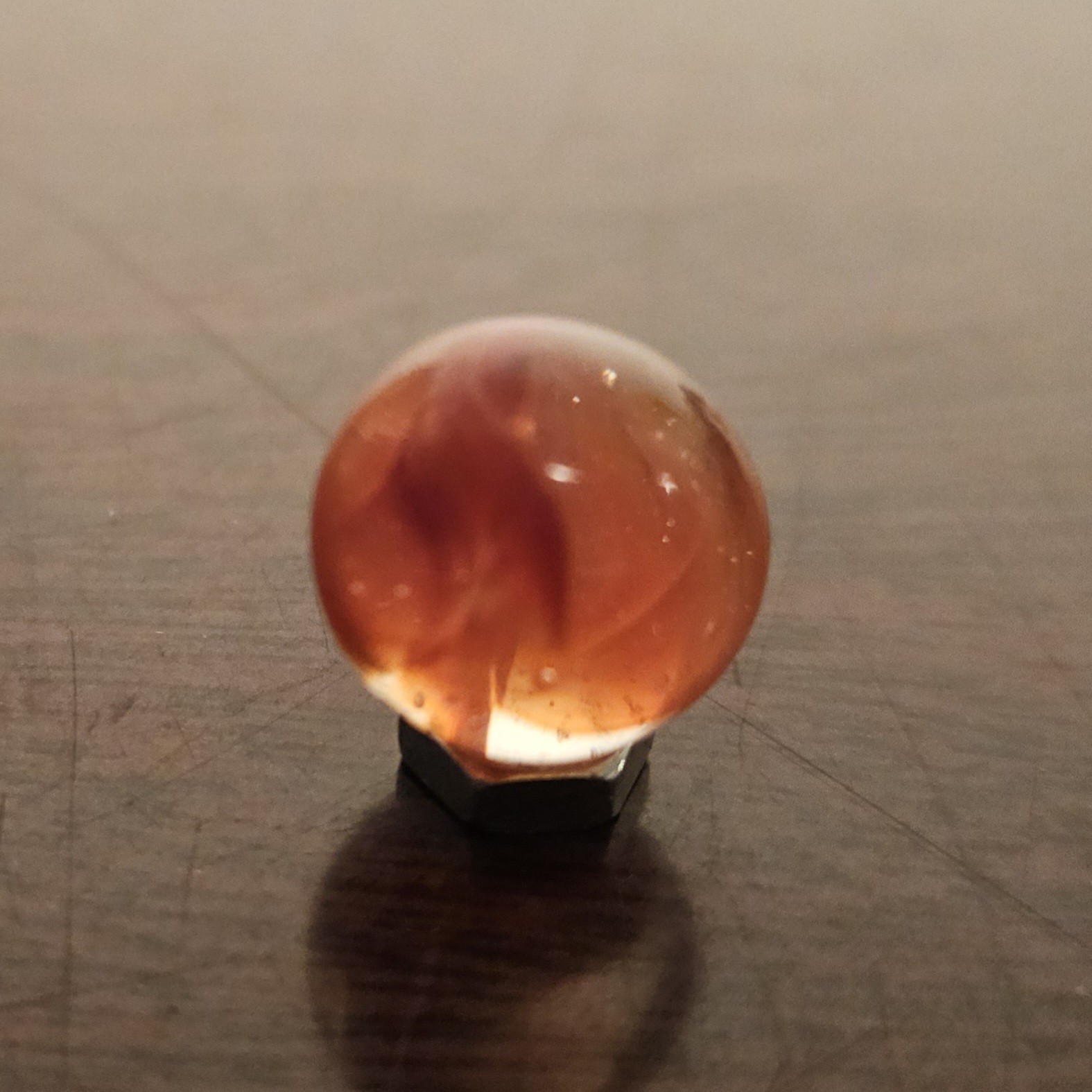 C E Bogard Orange 4- Lobe Floppy Cats Eye Clear Glass .593 Marble