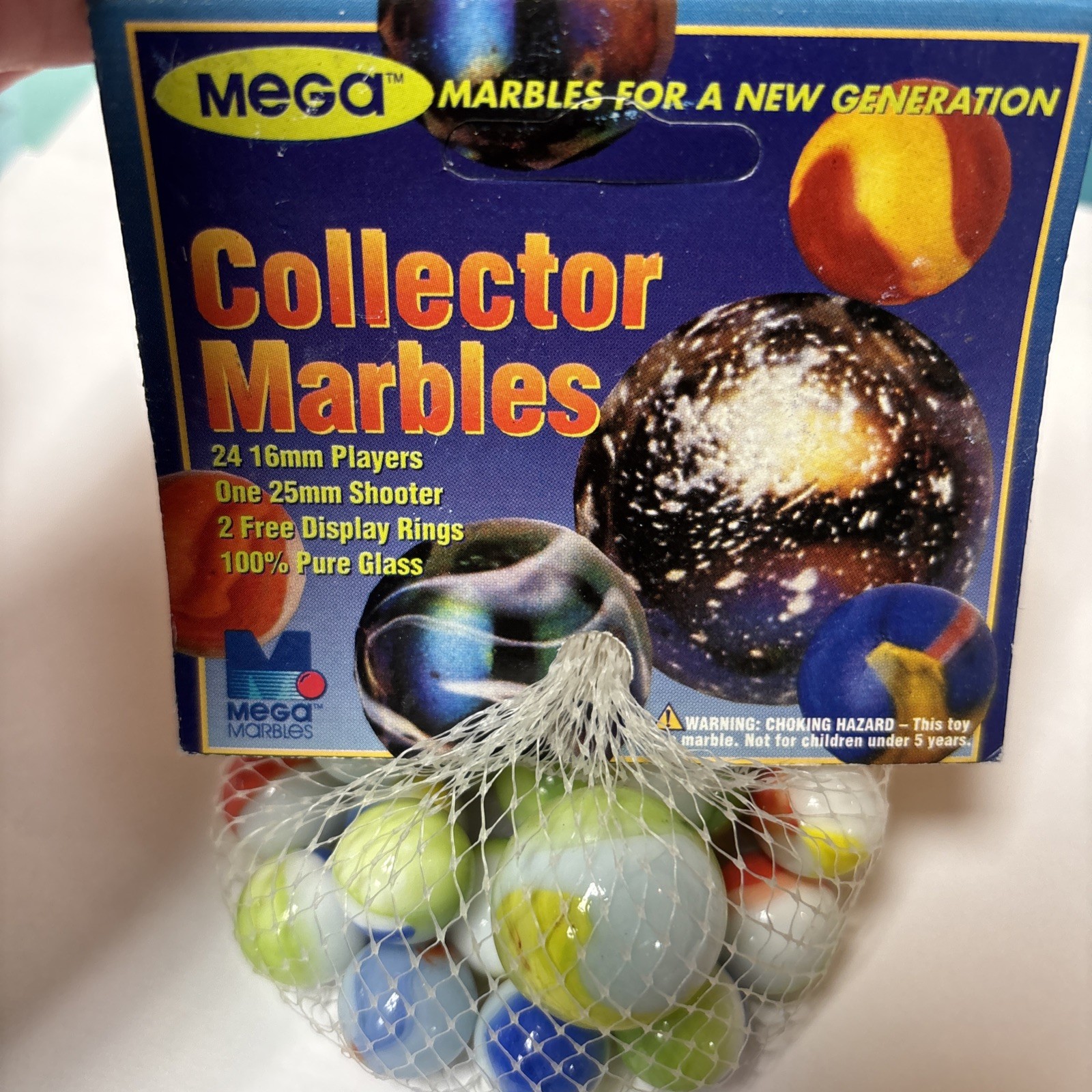 “PERICO” Collectors Marbles- MEGA MARBLES Vintage Net Bag 24 16mm/1 25mm Shooter