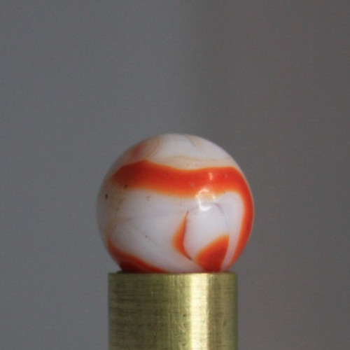 PELTIER GLASS MARBLE RED FLAME SPIRAL ZEBRA OPAQUE WHITE 5/8″ VINTAGE TARGET