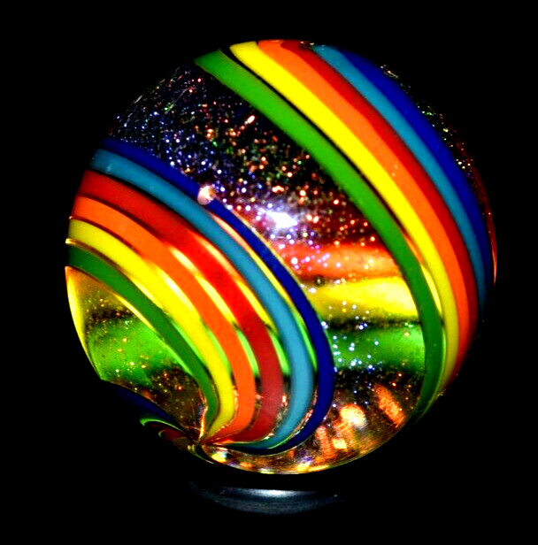 JAMES ALLOWAY GLASS MARBLE/1.236″-DICHROIC DOUBLE SWIRL #3560-LIME,YELLOW,ORANGE