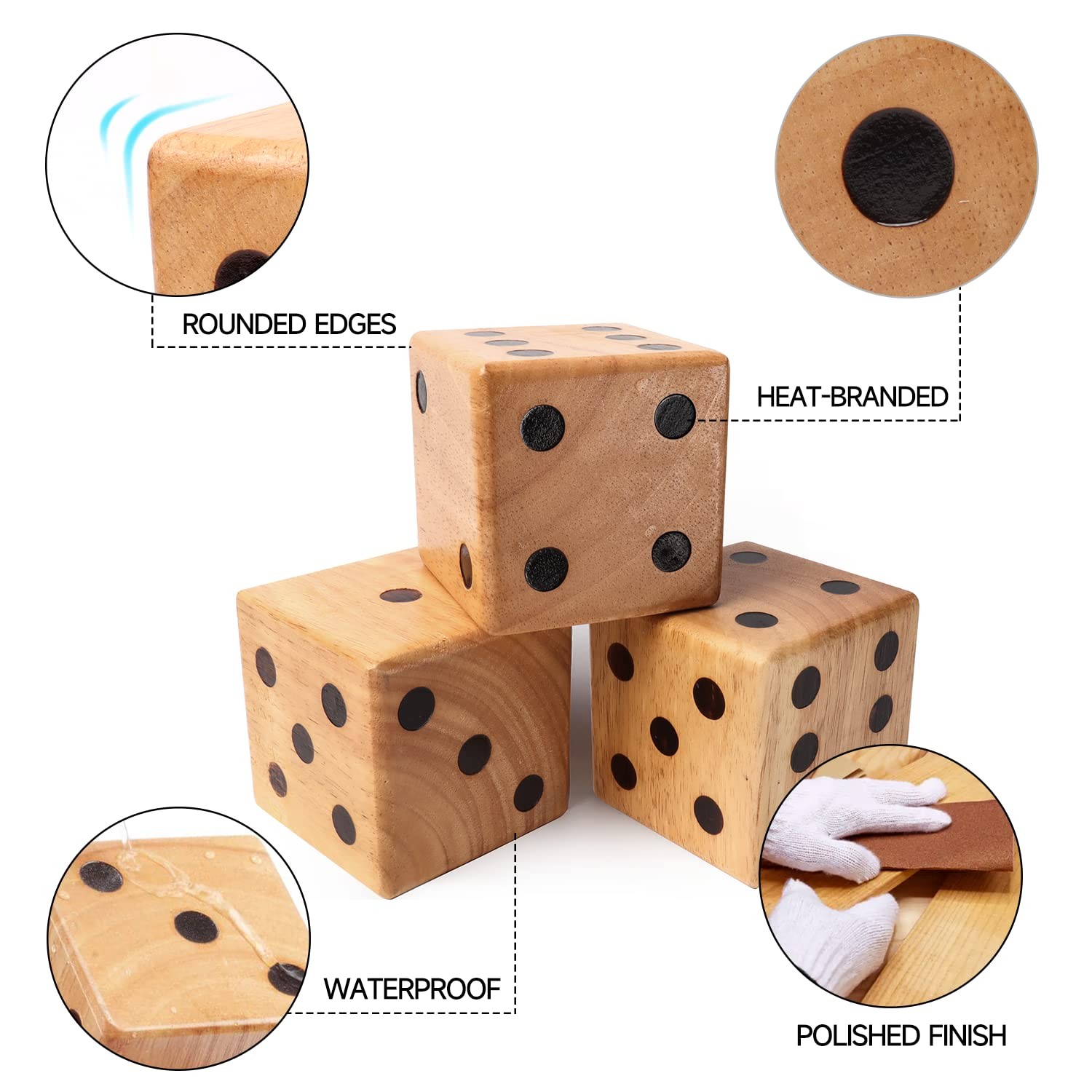 3.5-Inch Premium Oak Giant Yard Dice Set with Carrying Bag and Yardzee & Fark…
