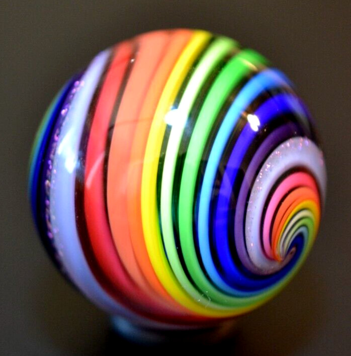 EDDIE SEESE GLASS MARBLE/1.390″-DICHROIC ICE CREAM-LIGHT LAVENDER,ORANGE,TURQ, +