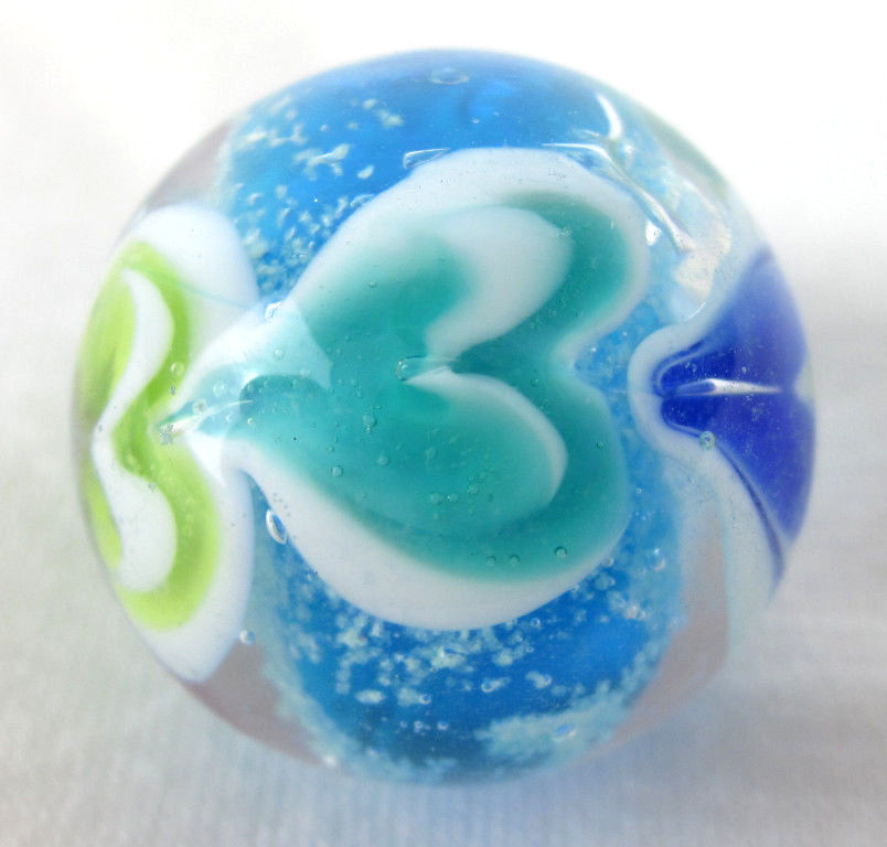 22mm WAVE BREAKER Blue Hearts GLOW IN THE DARK Handmade art glass Marble 7/8″