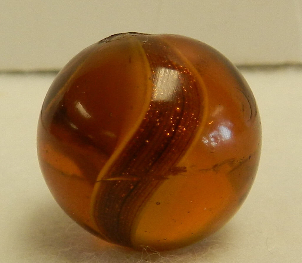 #18549m Large .77 Inches Vintage German Handmade Amber Glass Ribbon Lutz Marble