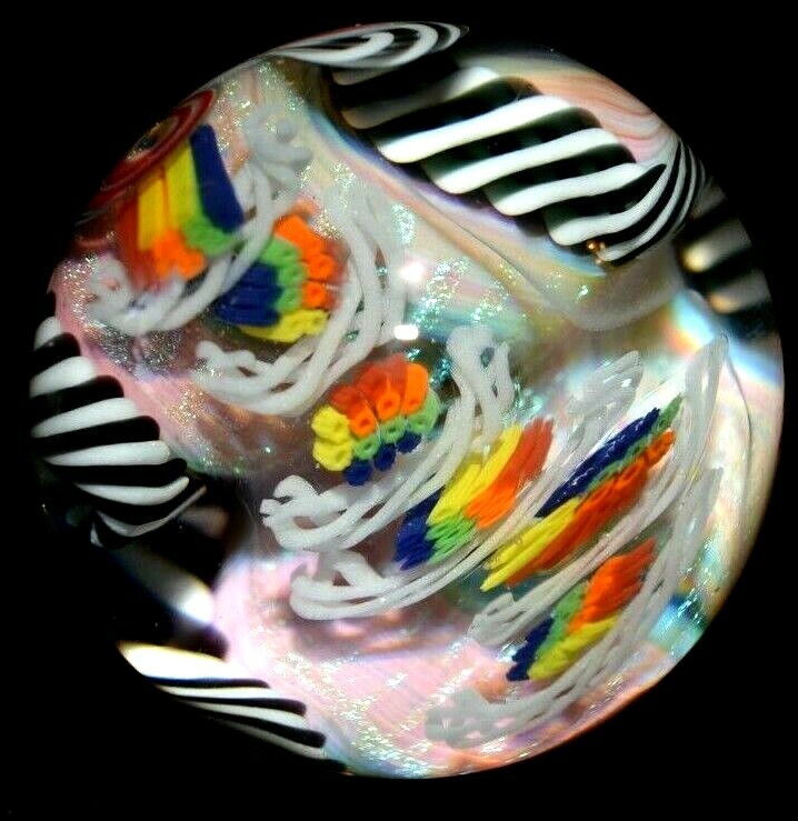 ERIC BROCK GLASS MARBLE/1.716″-FILIGRANA RAINBOW TOTEM POLE-4 FILIGRANA RIBBONS-