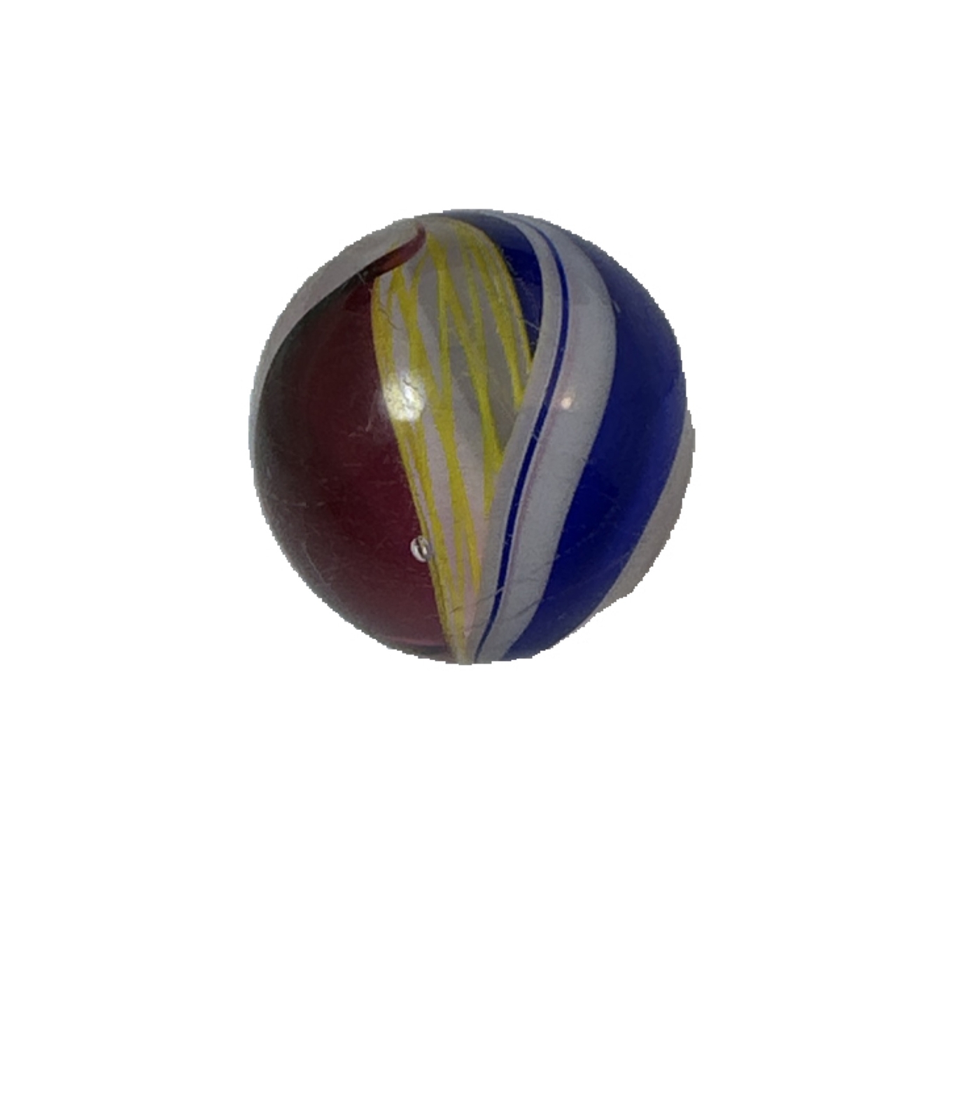 2 MARBLES CLEAR 39/64 & RED, WHITE & BLUE SWIRLS w/ YELLOW LATTICE CORE 77/128