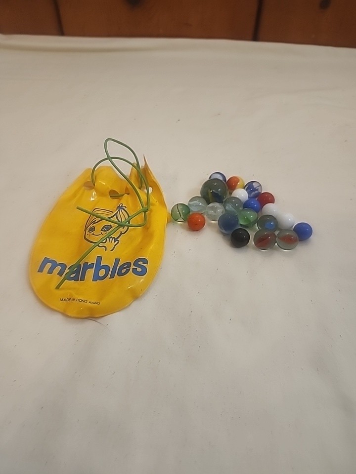 Lot Of 20 Colorful Glass Marbles With Vintage Drawstring Bag