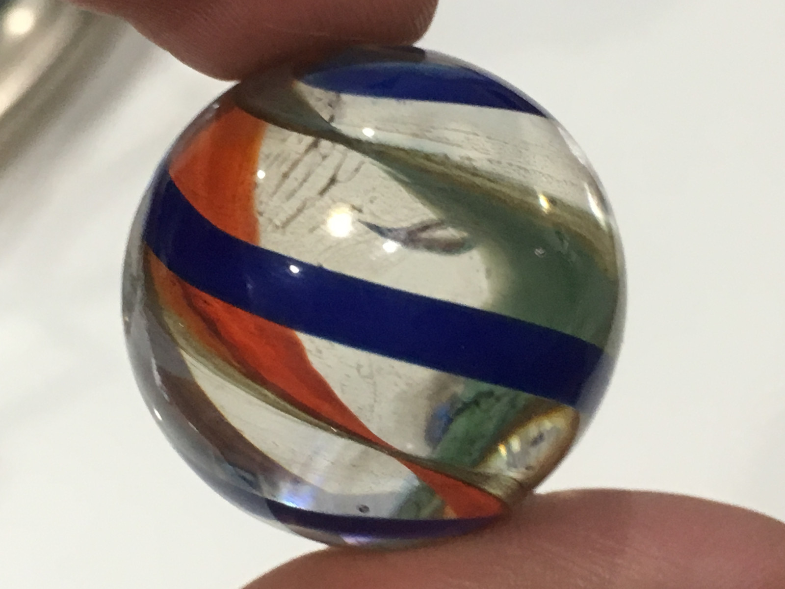 Unknown Age Blown Glass Shooter Marble Orange Blue Gold Swirl