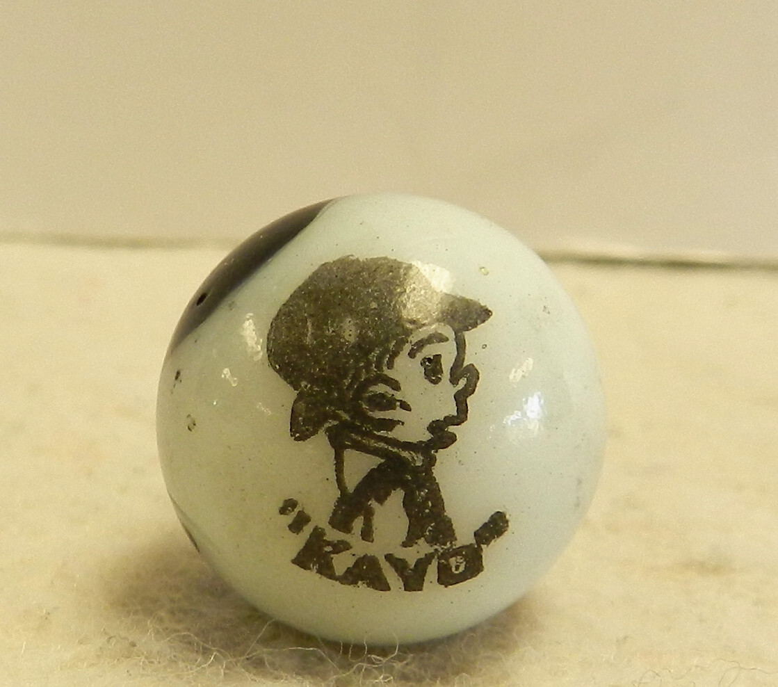 #15887m Rare Peltier Glass Kayo Comic Picture Marble .65 Inches