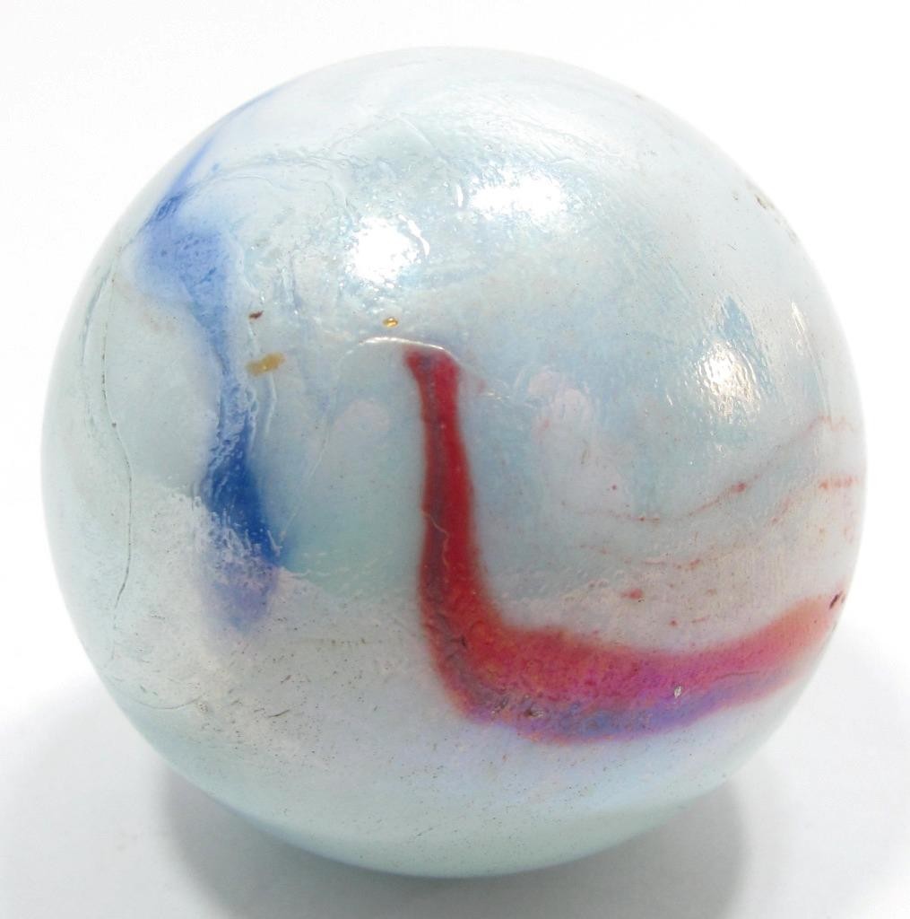 Large VTG 47mm 1.8″ White Iridescent Marble Blue Orange Ribbon Glass Shooter