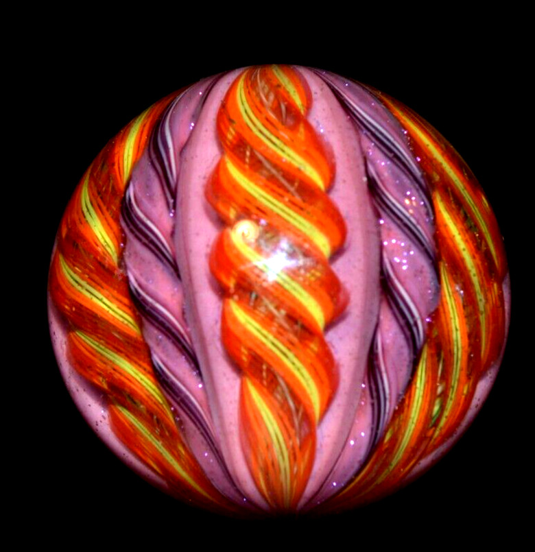 EDDIE SEESE GLASS MARBLE/2.128″-8 CANE FIRE & VIOLETS-ORANGE DICHROIC,MAGENTA +