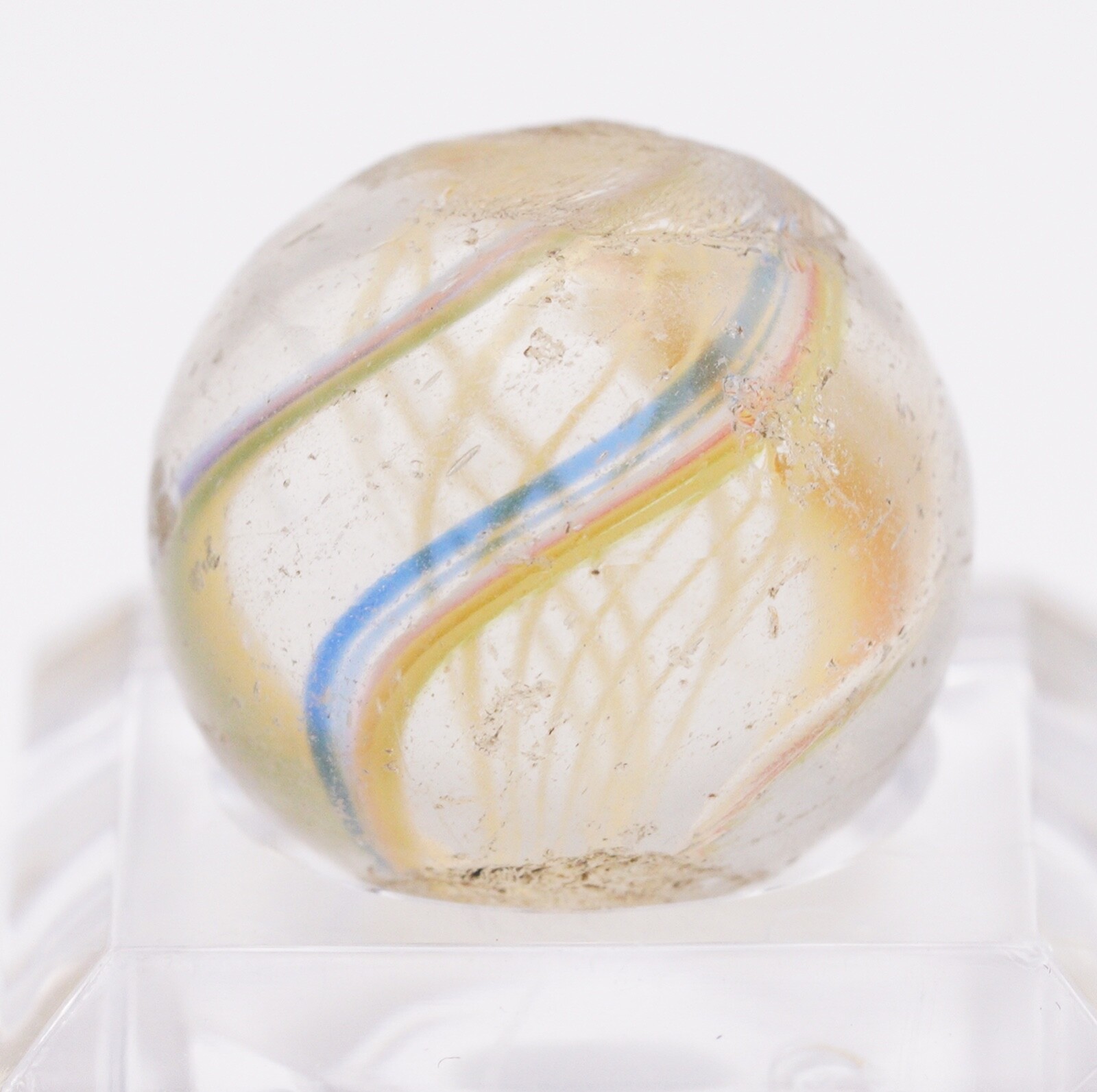 Vintage German Latticinio Yellow Core Blue Green Pink White Marble 16mm Estate