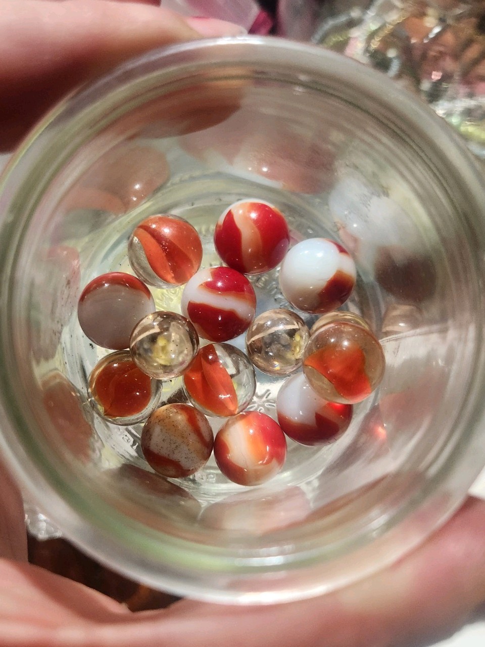 Red White Orange Clear Swirl Machine Made Glass Toy Marbles Lot Ages 8-11 & 12+