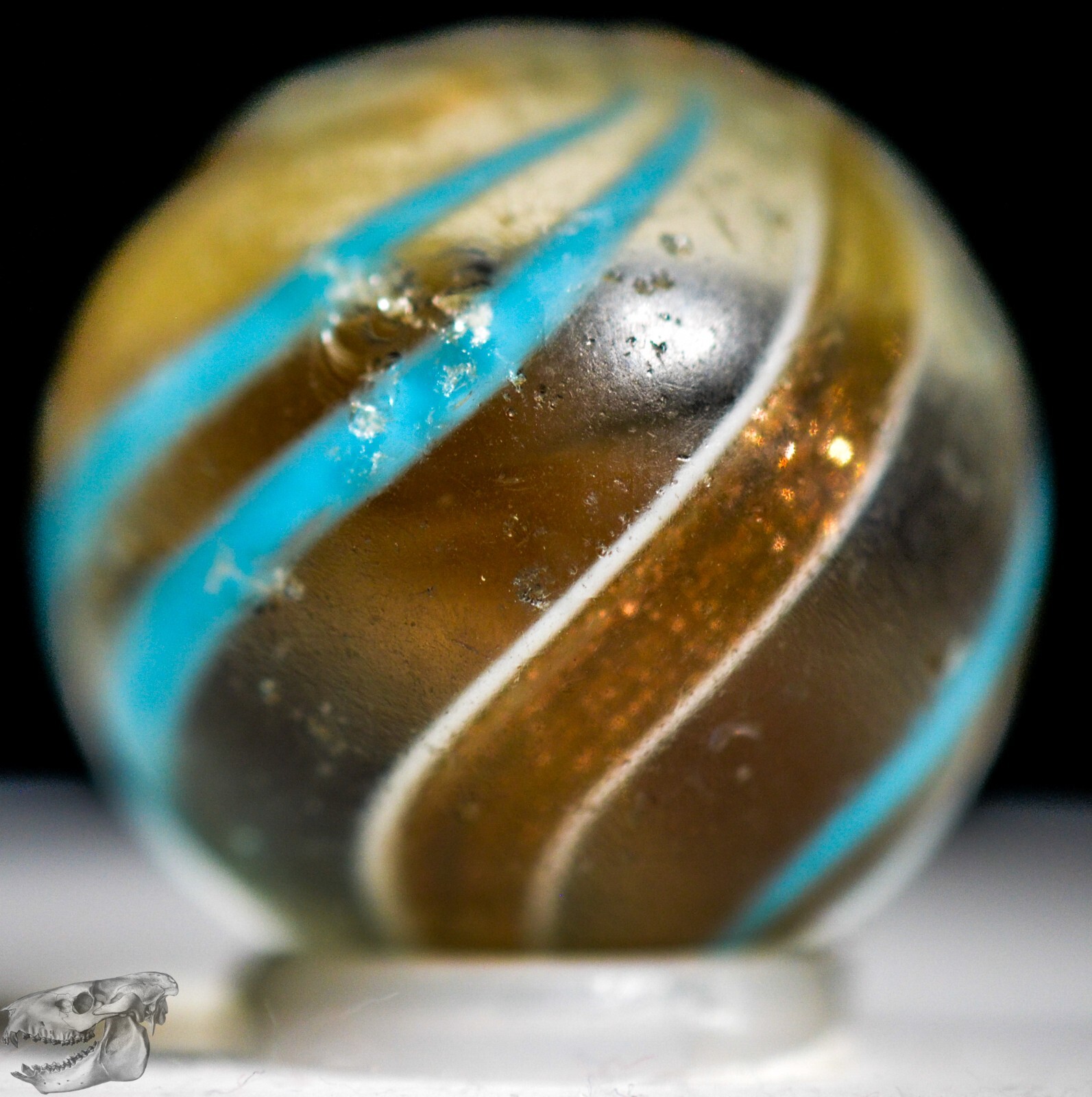 Handmade Aqua Banded Lutz Marble, 25/32 in, Good+, Chip, Germany 1860-1920 S1234