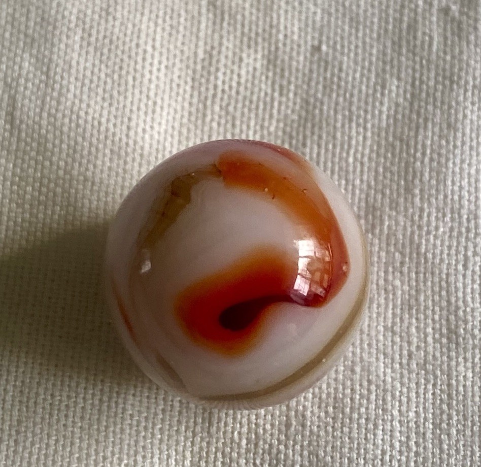 Pair Of Vtg Alley Agate Red & Yellow Swirl Marbles 1/2” & 9/16” (zzd7)