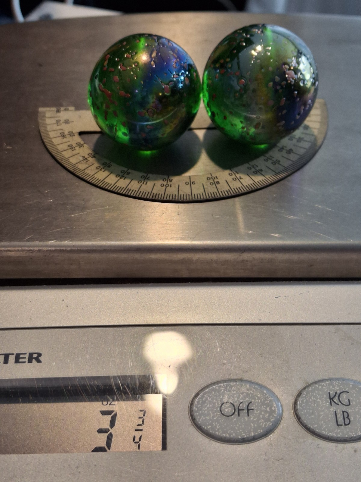 2 Marble Boulders 35mm Glitterbomb Green Iridescent Confetti Glass Ball Metallic