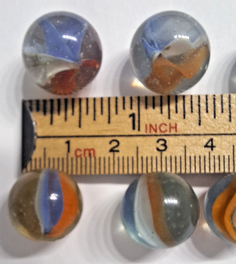 Vtg 6 Vane Tri Color Red White Blue Hybrid Cat’s Eye Marbles 11 ct. UV Reactive