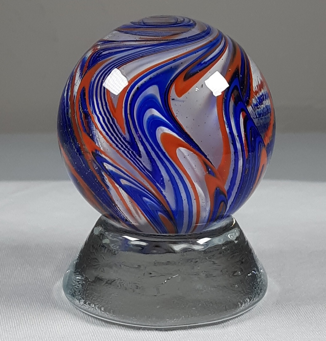 Sammy Sam Hogue Flame Swirl Glass Marble with Stand Blue Orange White 1.67″