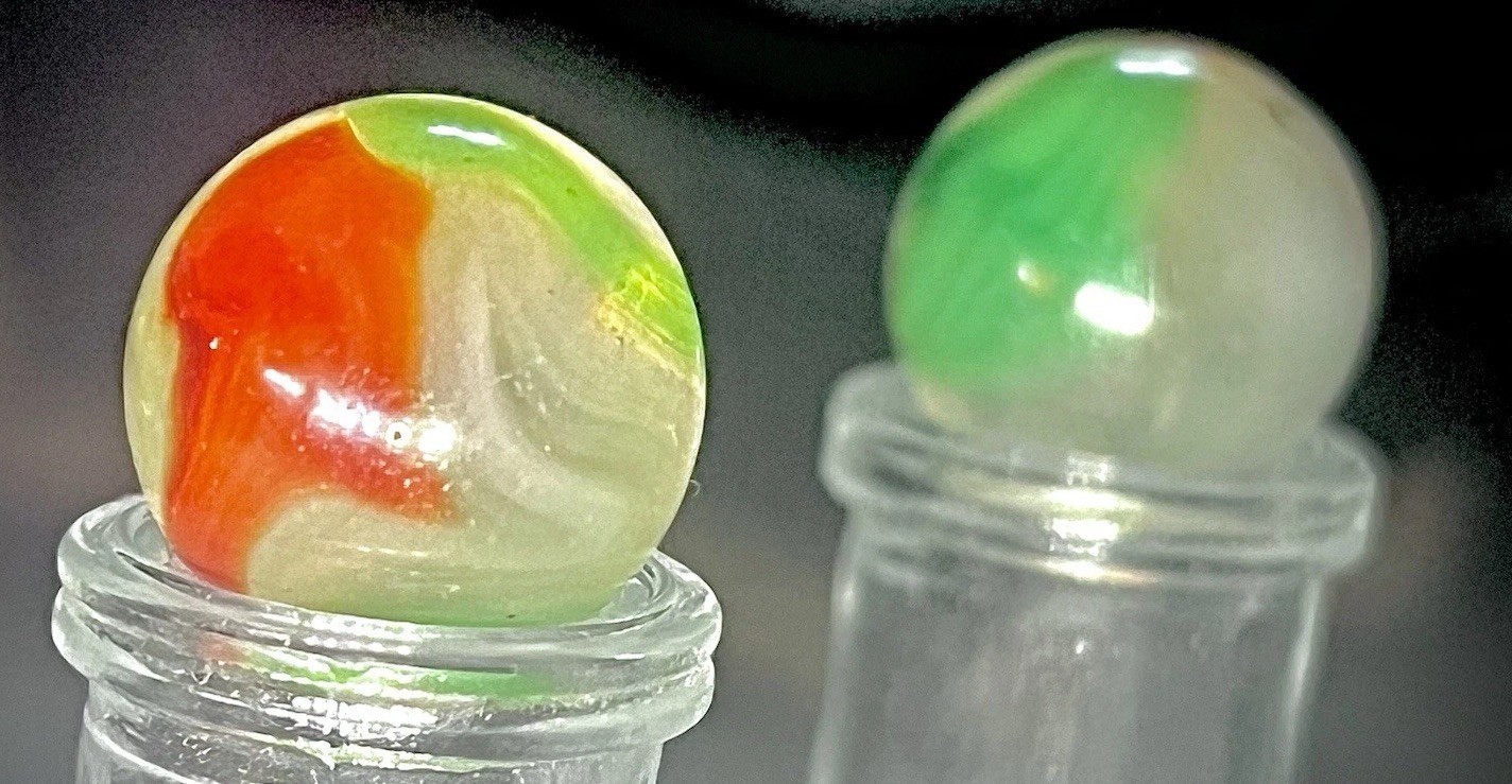 Vintage Peltier NLR Colorado Marble Green Red Swirl Clear Base 5/8” (pair)