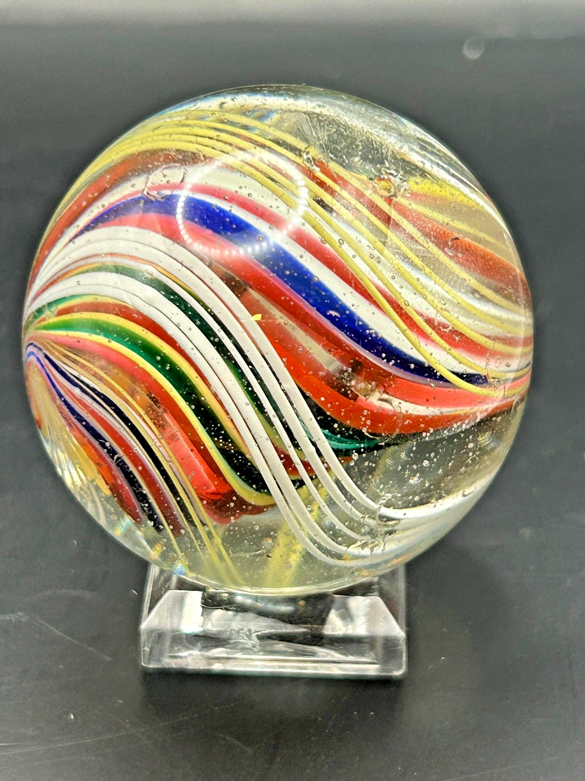 Antique German Divided Core Latticino Swirl Marble 1-11/16″ Polished E3.10