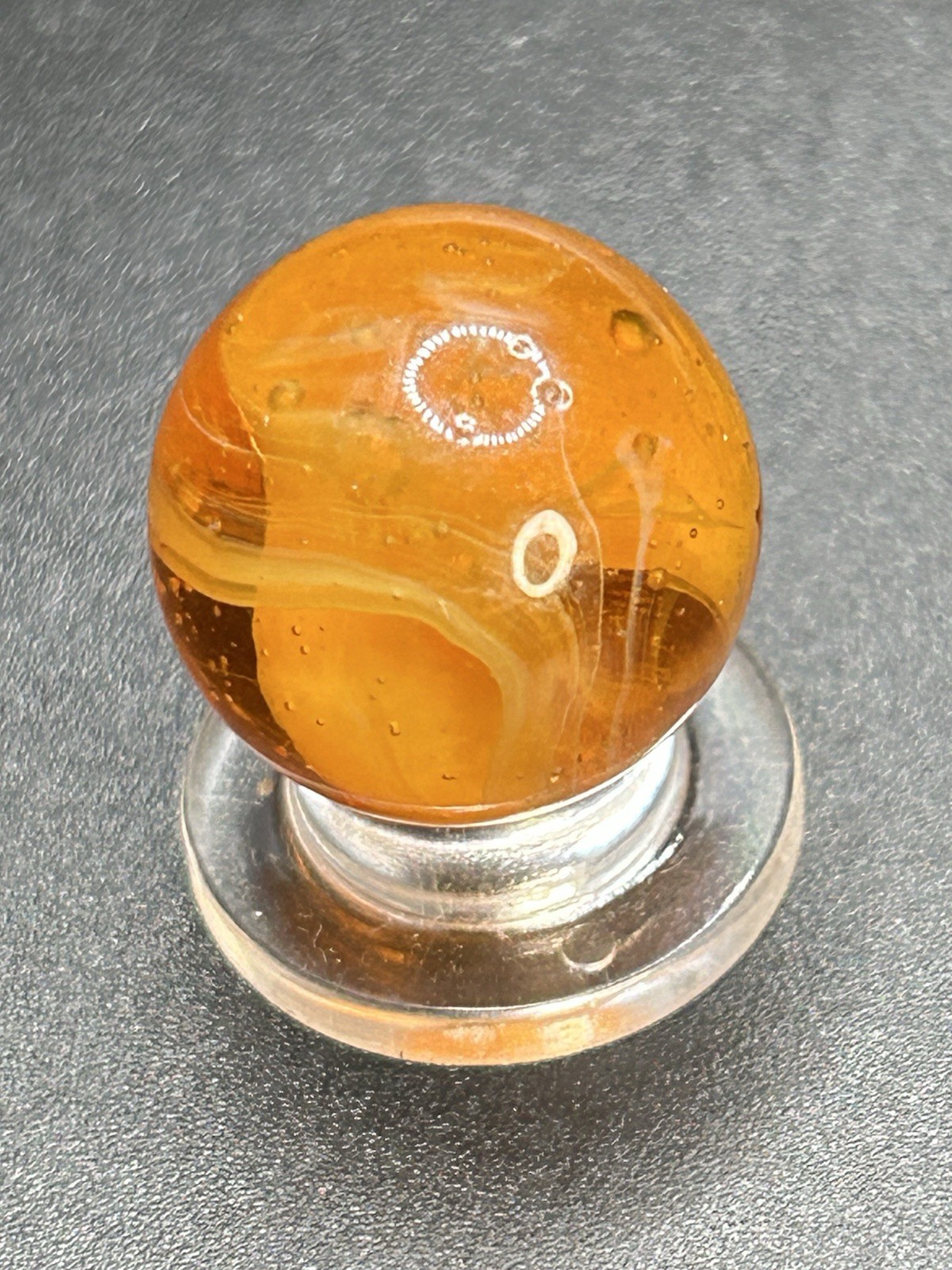 Vintage MF Christensen Amber Base 9 & Tail Marble w/Below Surface Pattern 0.709”