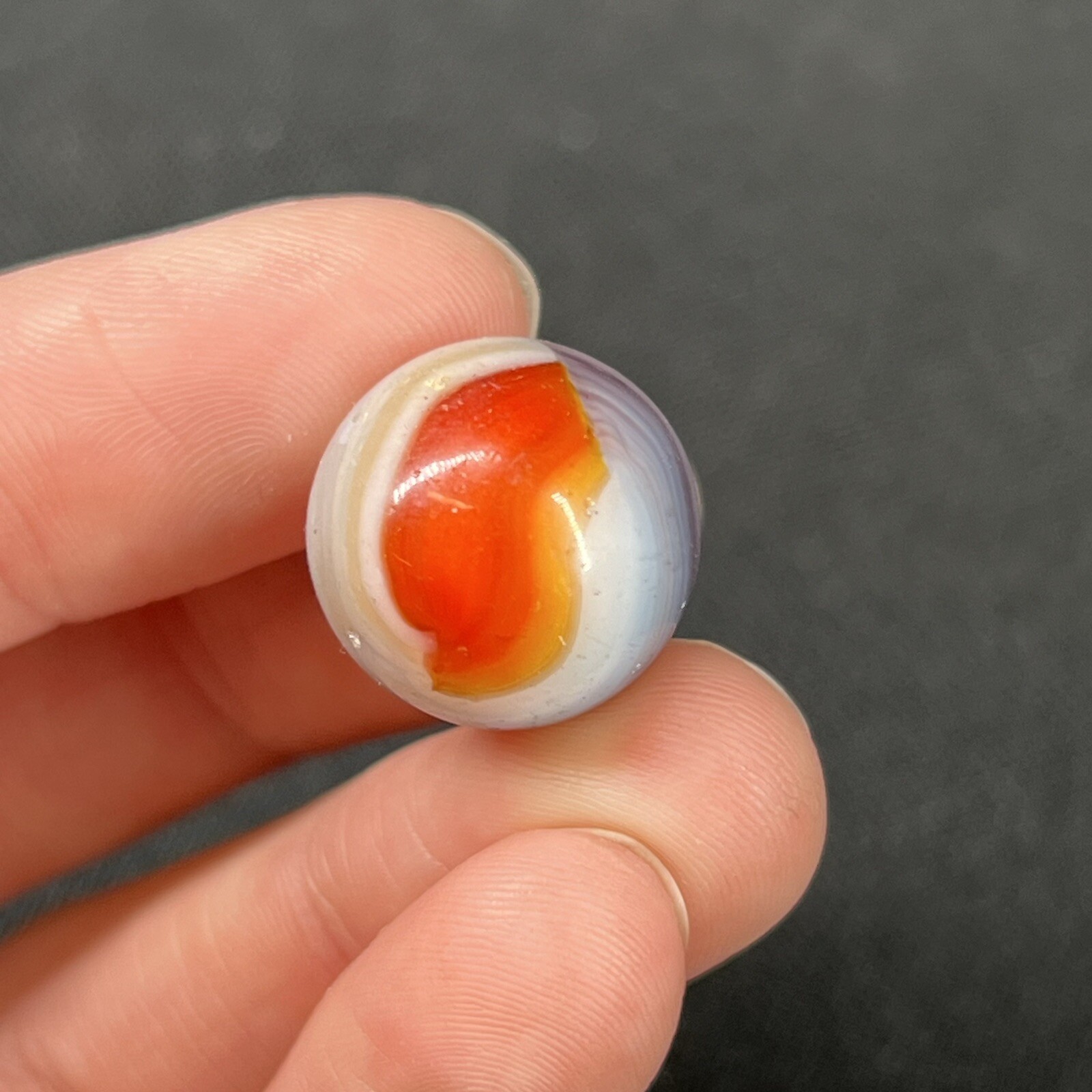 Vintage Akro Agate Peltier Christensen Art Glass Swirl Marble Purple Orange .6”