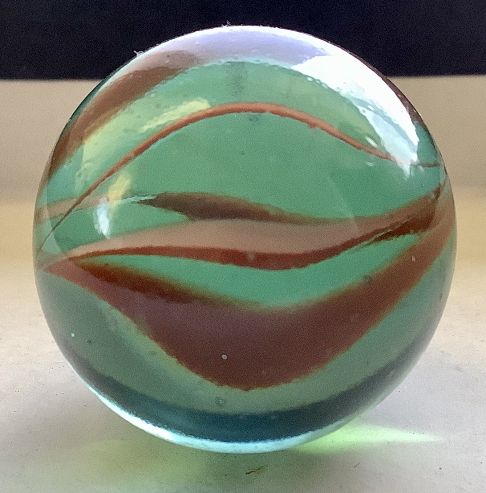 Vintage Estate Large 6 Vein Rust Red Color In Aqua Glass Shooter 1” Marble