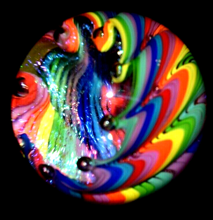 JAMES ALLOWAY HANDMADE MARBLE/2.623″-DICHROIC RAINBOW VORTEX # 3217-LIME,ROYAL +