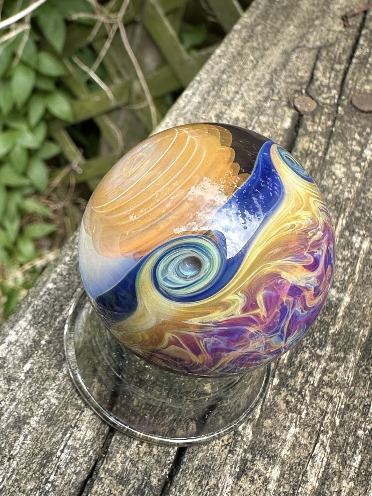 Juba Glass Handmade Marble 1.65″ Boro Lampwork Art 24K Gold and Silver Fume