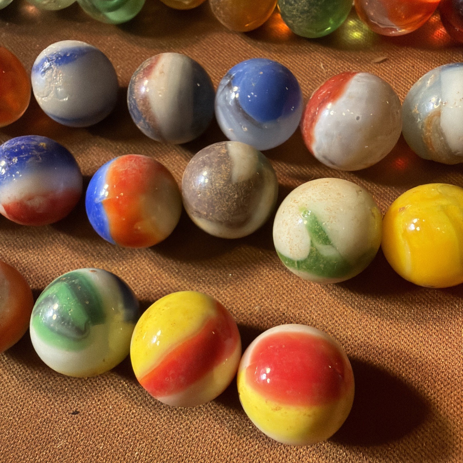 Marble Lot Of 64. Core/banded Swirl, Agate, Glass, Striped, Clay, Ribbon, Solid